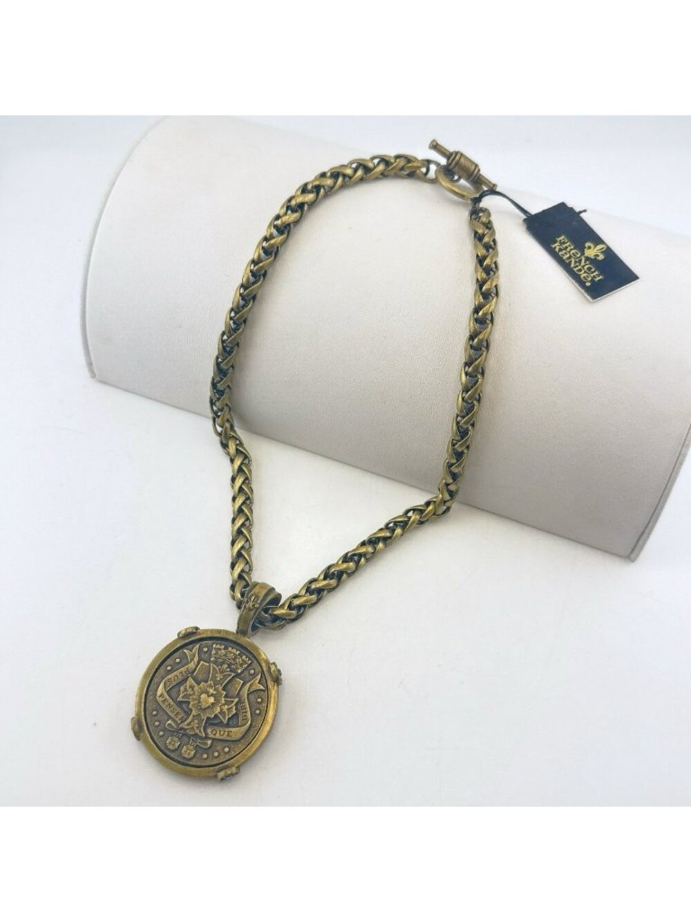 French Kande Necklace Sacred Heart Medallion Heraldic Chunky Brass Rhinestone